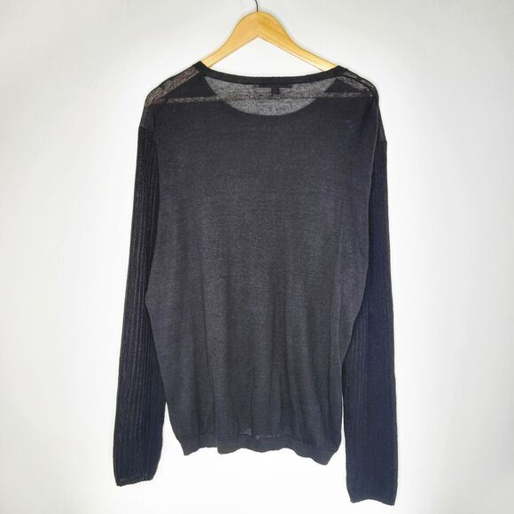 JOHN VARVATOS Black Linen Open Knit Sweater Size L Crewneck Ribbed Arms - Picture 3 of 11
